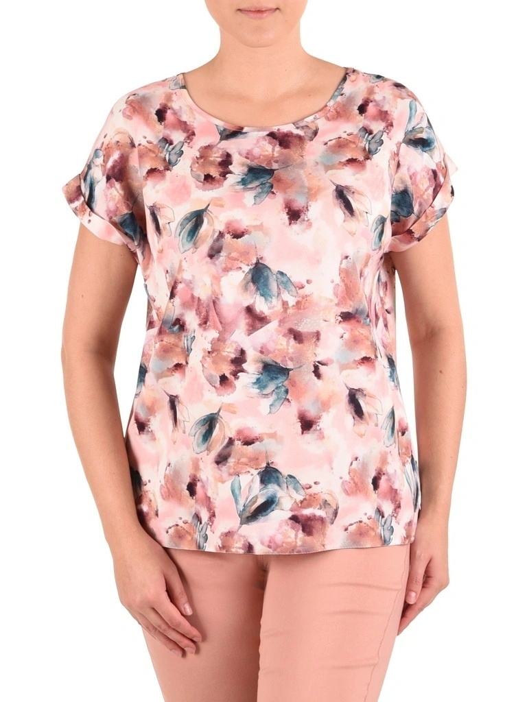 Wielokolorowa bluzka plus size w letnie kwiaty – prosty fason maskujący niedoskonałości sylwetki 42040