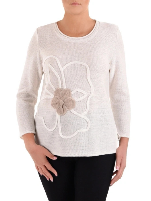 Elegancki beżowy sweter damski w kwiaty – swobodny prosty fason z bocznymi rozcięciami 40827
