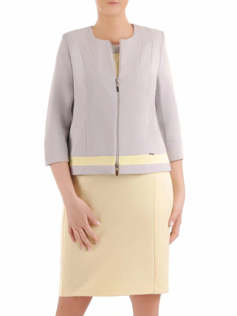 Elegancka garsonka damska na wesele żółto-szara – prosty fason z żakietem maskujący biodra 35656