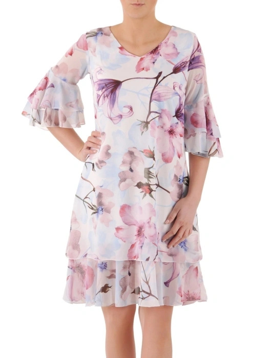 Elegancka sukienka trapezowa w kwiaty z dekoltem w serek – tuszujący krój z falbanami 39269
