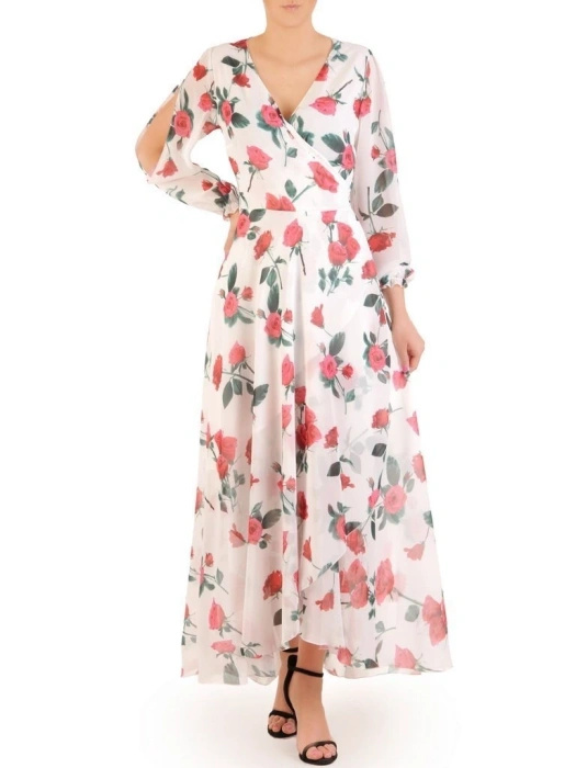 Elegancka sukienka rozkloszowana maxi w kwiaty – kopertowy przód i wiązanie modelujące talię 29996