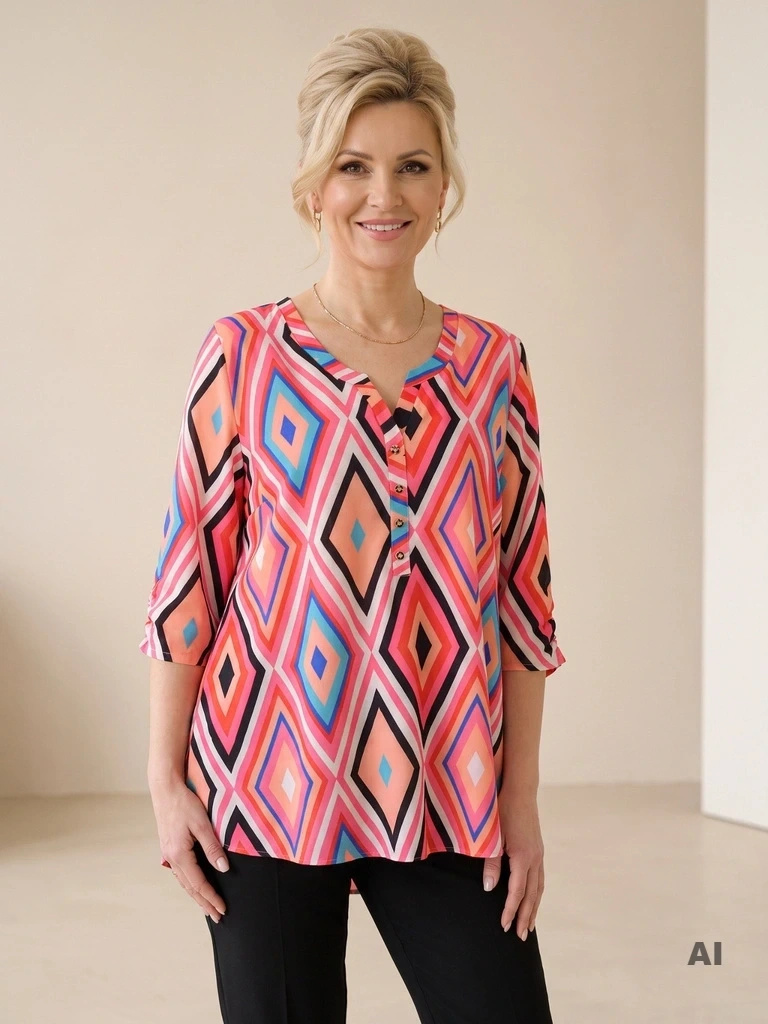 Elegancka bluzka damska w barwny print z wiskozy – luźny krój z dekoltem w serek 39487
