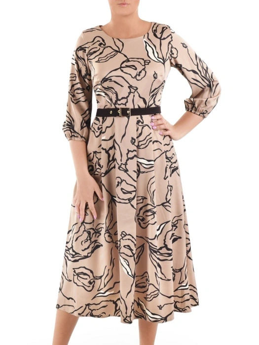 Wizytowa beżowa sukienka rozkloszowana maxi w kwiaty – rękaw 3/4 i pasek modelujący sylwetkę 41132