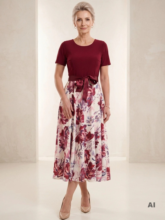 Elegancka wiśniowa sukienka rozkloszowana maxi w kwiaty – kobiecy krój modelujący talię 35511