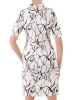 Elegancka sukienka wizytowa midi w czerni i bieli – wyszczuplające pionowe zaszewki i patki 36234