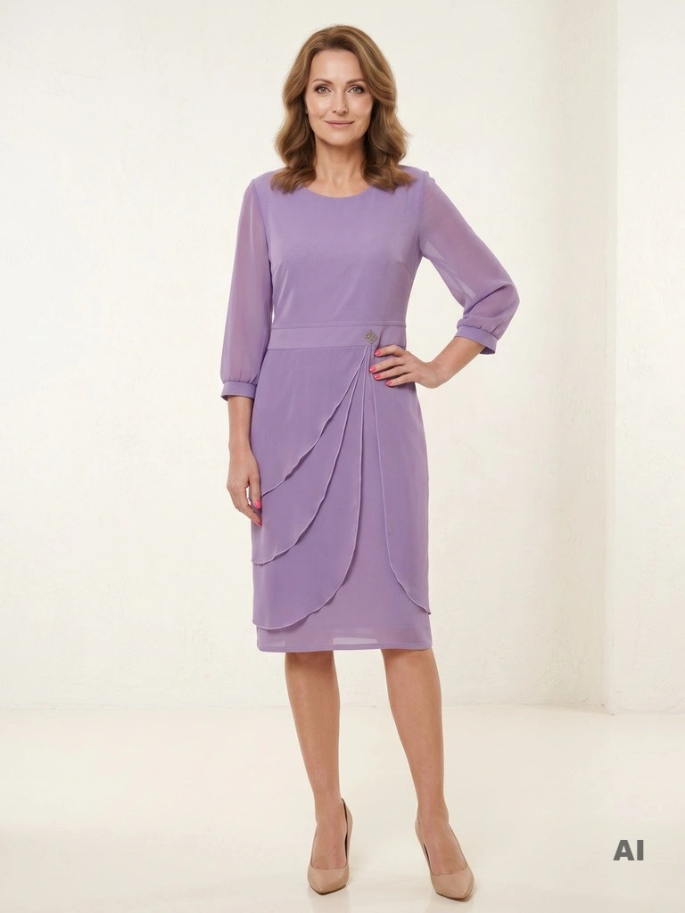 Liliowa sukienka na wesele midi o prostym kroju – elegancki fason z rękawem 3/4 i cyrkoniami 38257