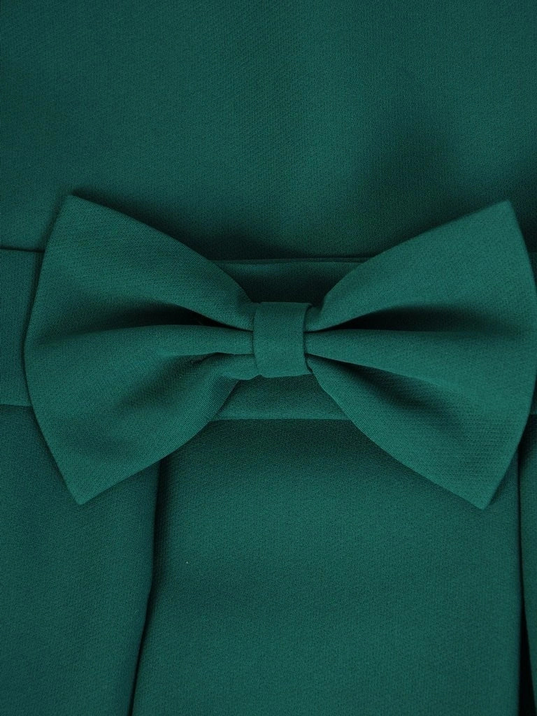 Elegancka sukienka rozkloszowana na święta w butelkowej zieleni – kokarda w pasie modeluje sylwetkę 26952