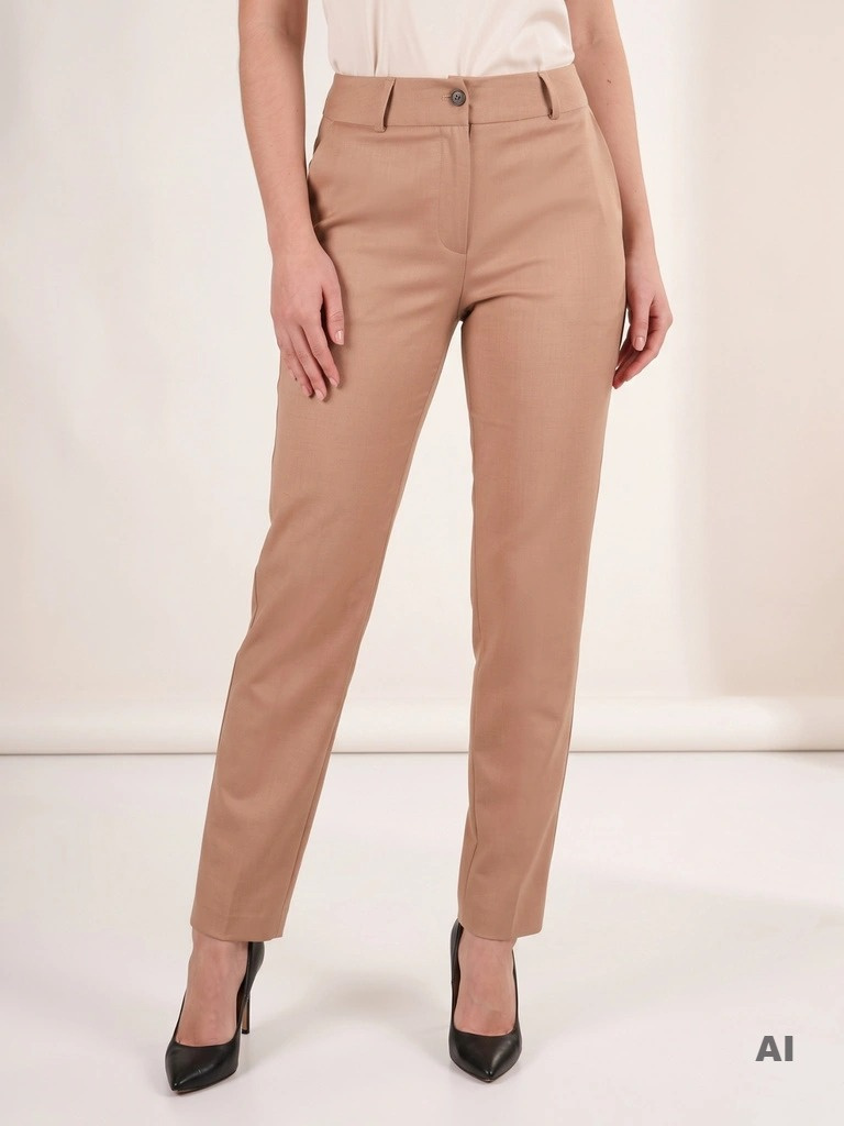 Eleganckie spodnie damskie camel o prostym kroju – wygodny fason z kieszeniami wysmuklający nogi 41446