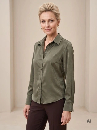 Elegancka koszula damska khaki z kołnierzykiem – prosty fason z długim rękawem 42460