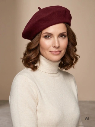 Elegancki beret damski wełniany bordowy – fason francuski z antenką, modne nakrycie głowy na zimę 40890