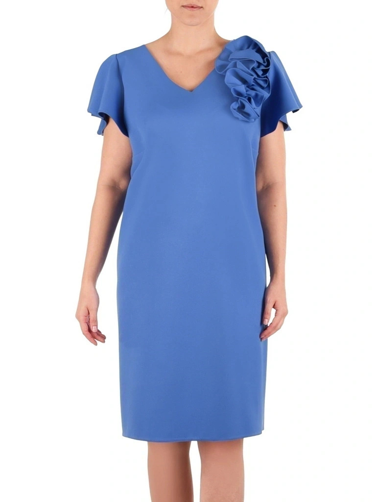 Elegancka niebieska sukienka trapezowa midi – fason swobodnie tuszujący biodra 42033