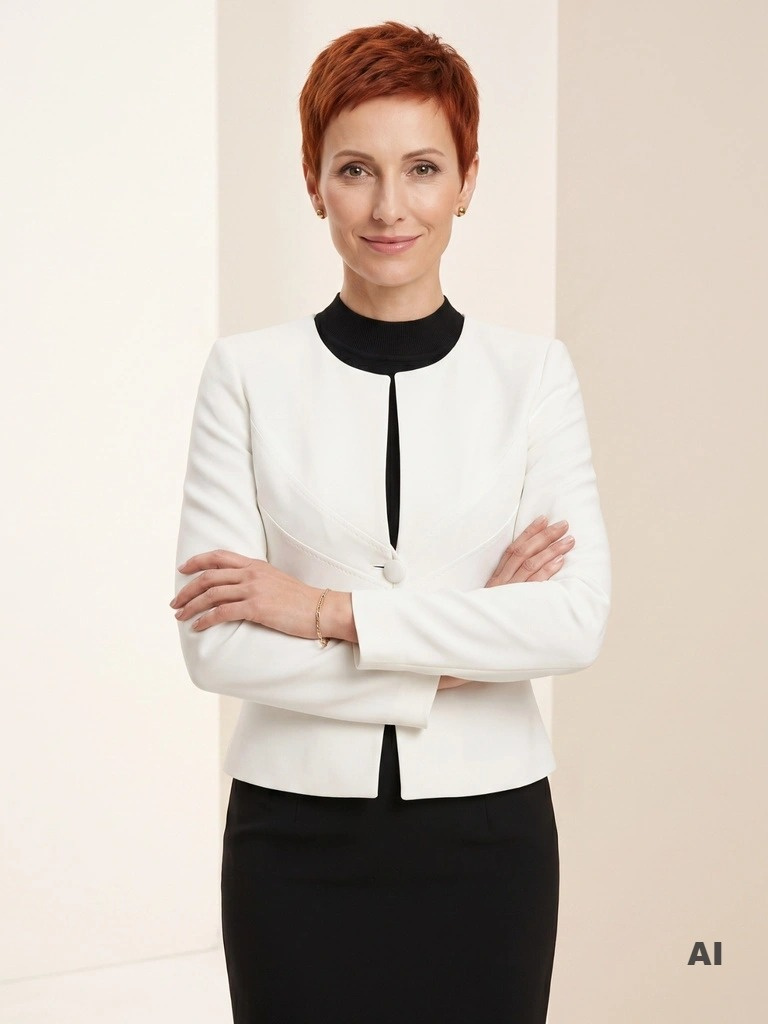 Elegancki biały żakiet z okrągłym dekoltem – prosty krój z przeszyciami modelującymi talię 3371