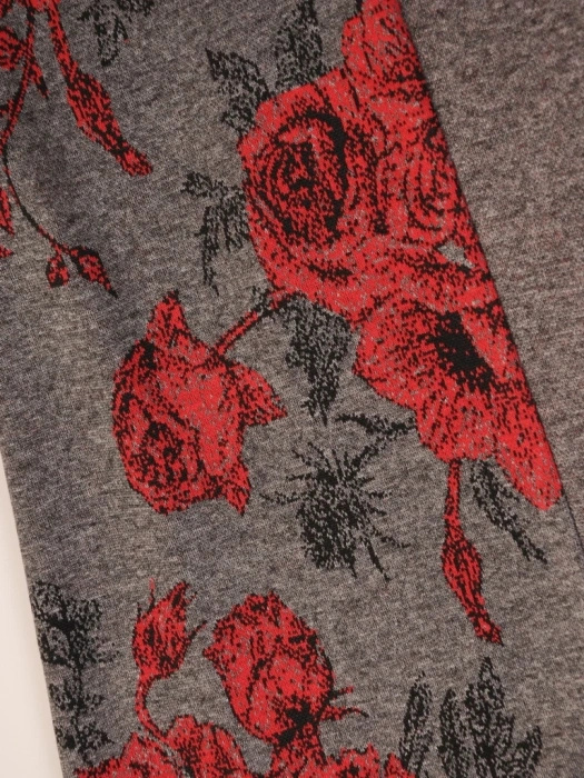 Szara sukienka trapezowa w kwiaty z rękawem 3/4 – elegancka imitacja żakietu i swoboda ruchów 34137