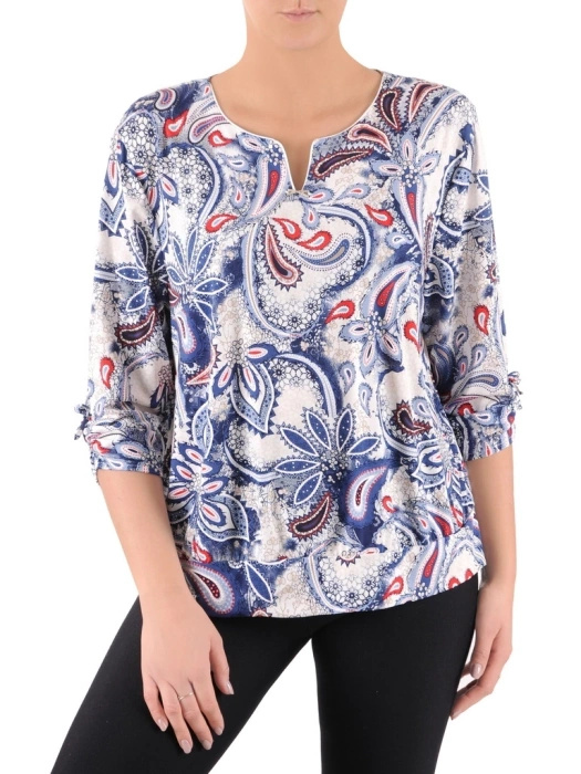 Stylowa bluzka plus size w granatowo-czerwone paisley – wysmuklający prosty fason na lato i jesień 39110