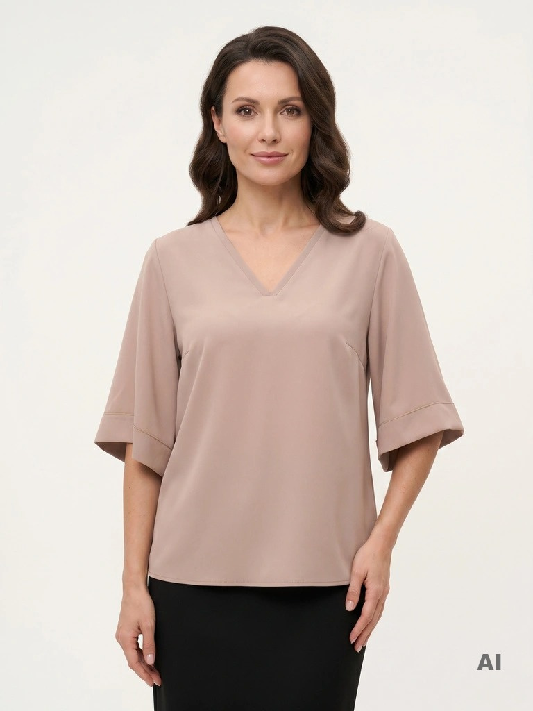 Wizytowa beżowa bluzka damska o prostym kroju – swobodne rękawy kimono wysmuklające sylwetkę 33136