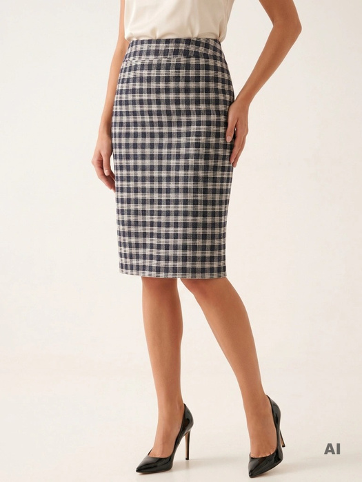 Elegancka granatowa spódnica midi w kratkę – prosty krój z rozcięciem pięknie modelujący sylwetkę 31345