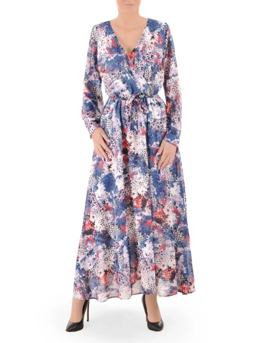Rozkloszowana sukienka maxi w motyw floralny i panterkę – pasek w talii i kopertowy dekolt 38022