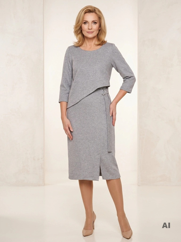 Elegancka szara sukienka midi z narzutką – prosty fason z ozdobną klamrą 36945
