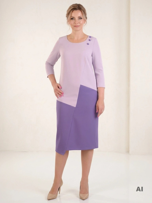 Wizytowa fioletowa sukienka midi o prostym fasonie z rękawem 3/4 – optycznie modelujące przeszycia 33885