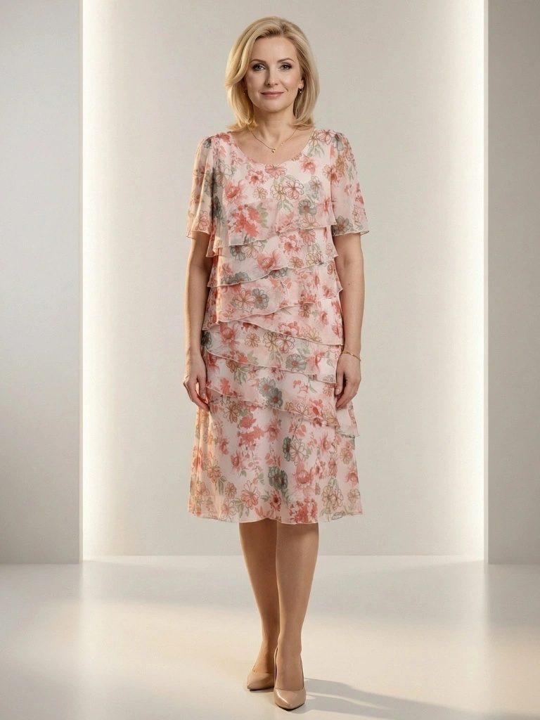 Wizytowa sukienka trapezowa midi w kwiaty – lekki fason z falbaną tuszujący biodra 39902
