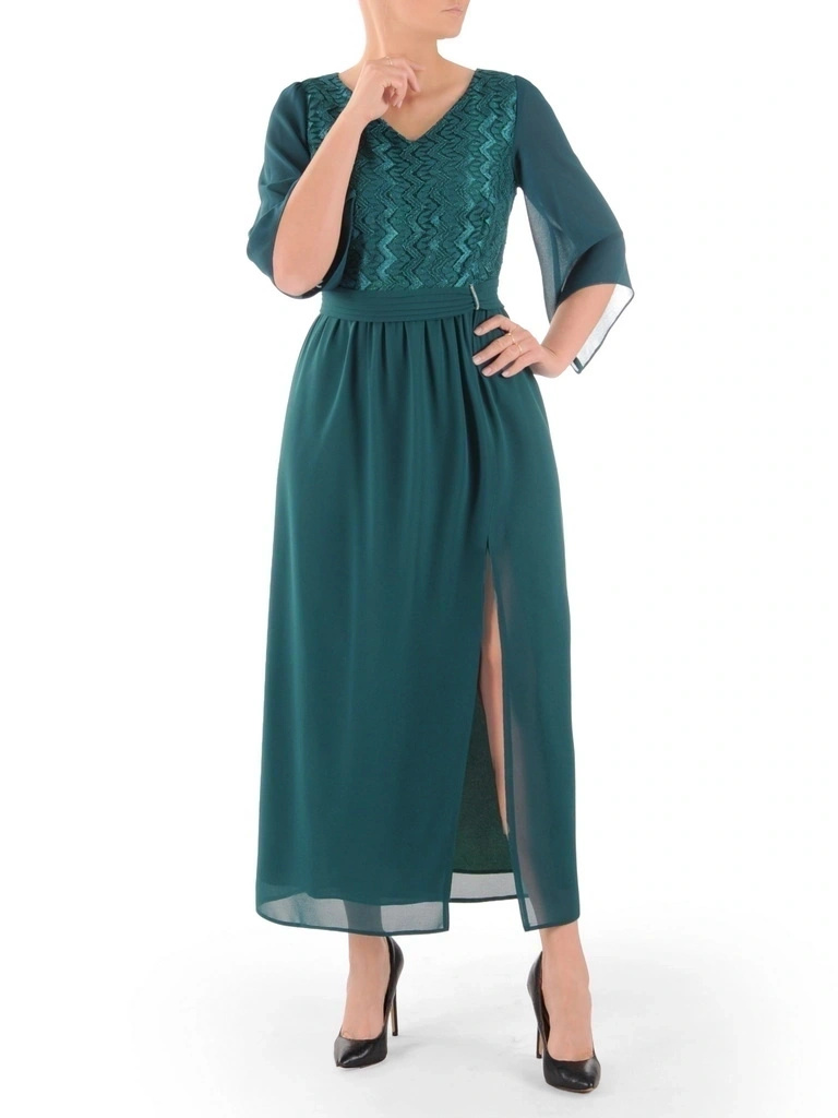 Elegancka suknia wieczorowa maxi butelkowa zieleń – rozkloszowany fason z wysmuklającym dekoltem w serek 38764