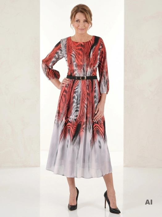 Jesienna sukienka rozkloszowana maxi w zwierzęcy print – kobiecy fason z paskiem wysmuklającym talię 39256