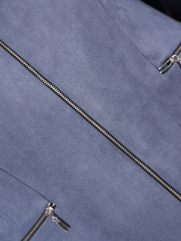 Elegancki żakiet damski do sukienki o prostym kroju – modny fason na zamek w odcieniu jeans 42136
