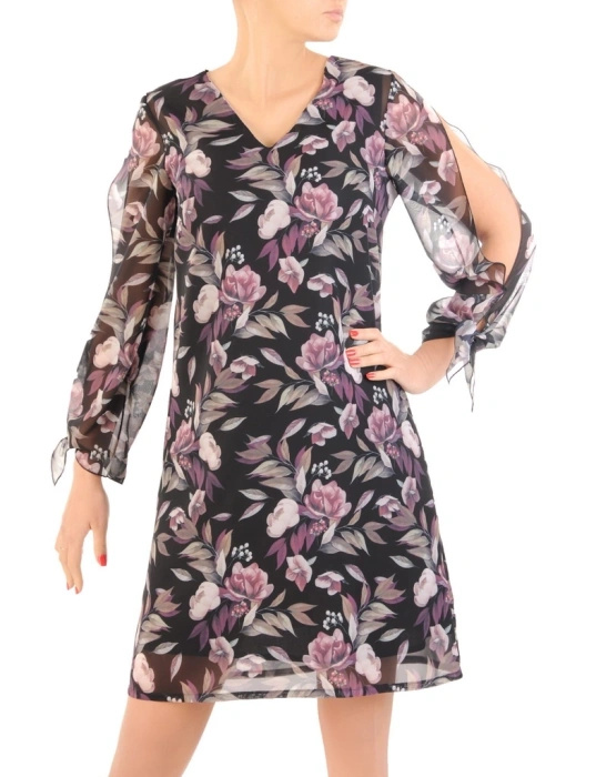 Elegancka czarna sukienka trapezowa w kwiaty – swobodny fason z wiązanymi rękawami 34169