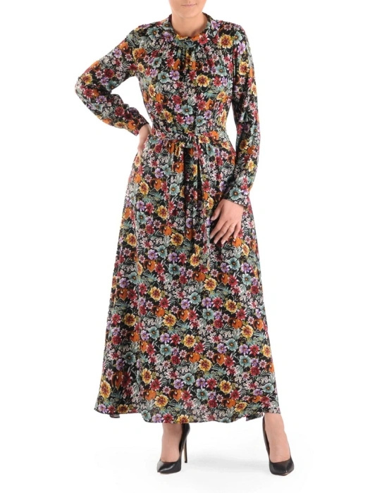 Jesienna sukienka rozkloszowana maxi w kwiaty – kobiecy krój ze stójką i elastyczną talią 38663