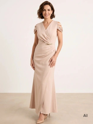 Jasnobeżowa suknia balowa maxi na studniówkę – fason syrenka z rozcięciem modelujący sylwetkę 41129