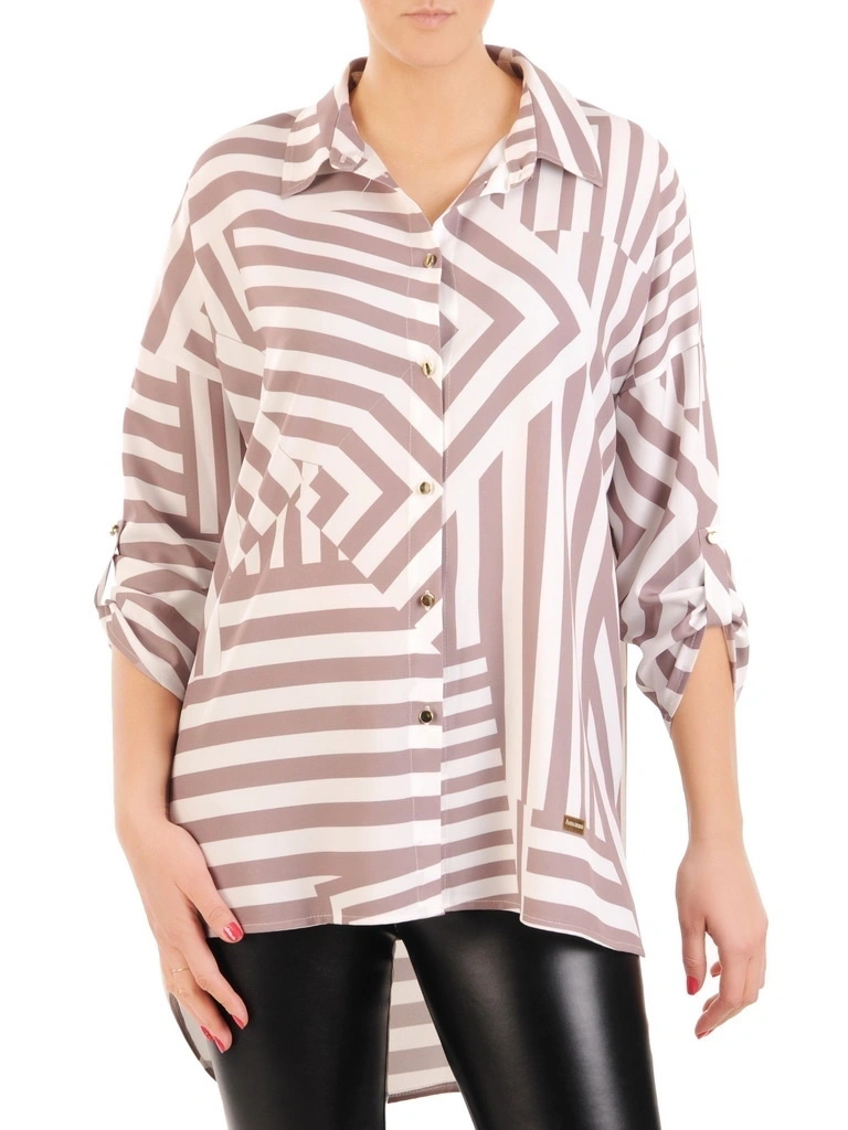 Biało-beżowa koszula damska w paski – luźny fason z przedłużanym tyłem i kołnierzykiem 31545