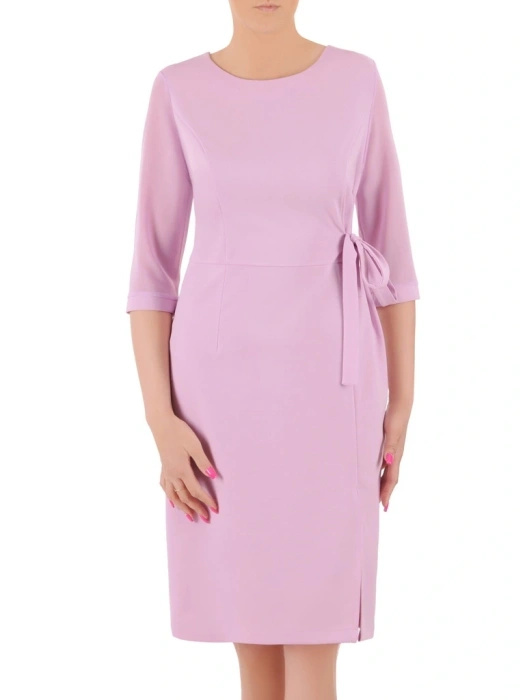 Elegancka liliowa sukienka midi na przyjęcia – prosty krój z wiązaniem w pasie i rękawem 3/4 36222