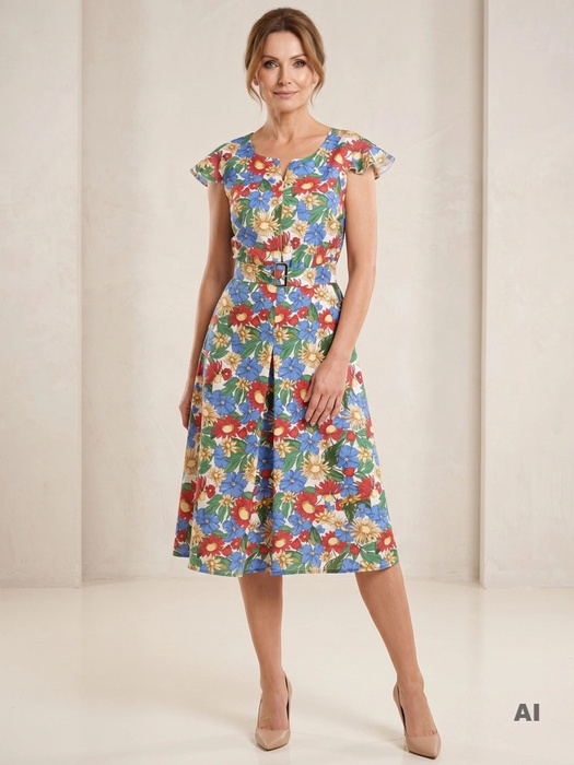 Bawełniana sukienka rozkloszowana w kwiaty – kobiecy fason midi pięknie wysmuklający sylwetkę 29531