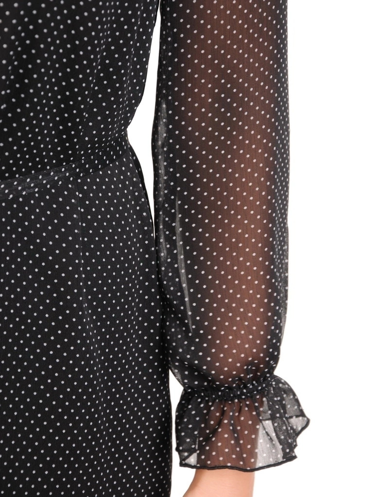 Rozkloszowana czarna sukienka mini w grochy – lekki fason z falbanami i paskiem w talii 30735