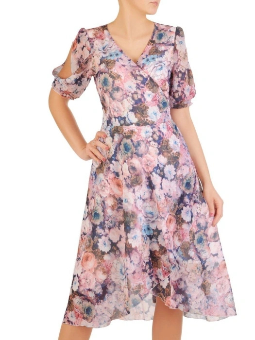 Elegancka sukienka wizytowa midi w kwiaty – rozkloszowany fason z bufiastym rękawem 28988