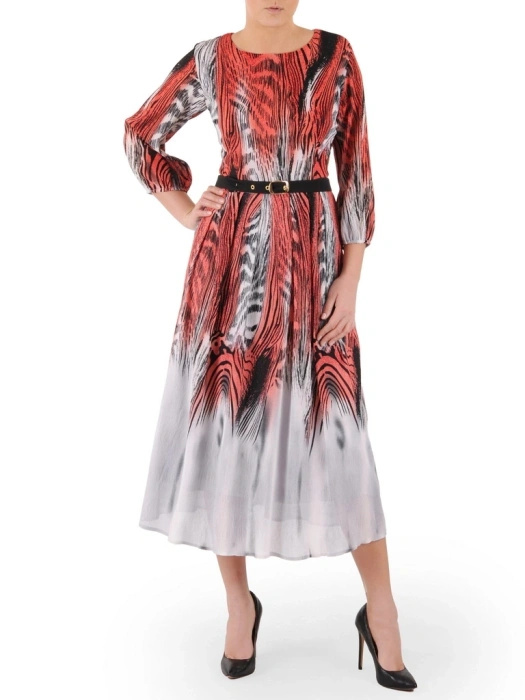 Jesienna sukienka rozkloszowana maxi w zwierzęcy print – kobiecy fason z paskiem wysmuklającym talię 39256