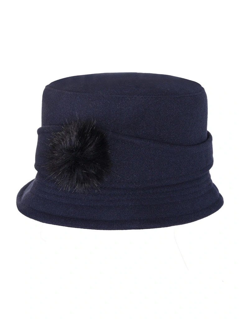 Elegancki kapelusz damski cloche granatowy – ocieplana podszewka i subtelna ozdoba 42365