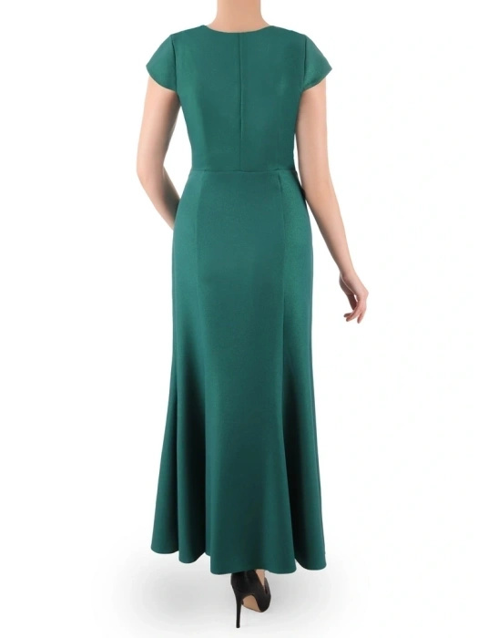 Suknia balowa rozkloszowana maxi w butelkowej zieleni – połyskujący model wysmuklający sylwetkę 39008