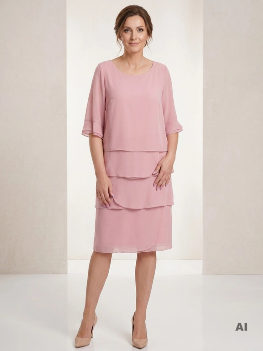 Elegancka prosta sukienka midi brudny róż – kobiece falbany maskujące ramiona 35835