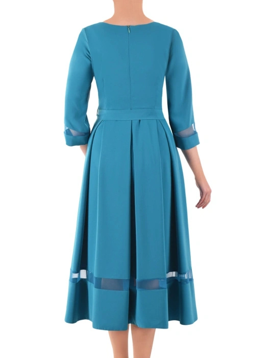 Szmaragdowa sukienka rozkloszowana midi z rękawem 3/4 – dopełniona paskiem i kontrafałdami 39987