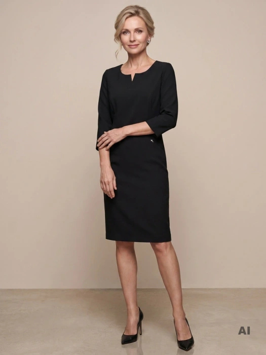 Elegancka czarna sukienka midi o prostym fasonie – modelujące sylwetkę przeszycia i rękaw 3/4 25766