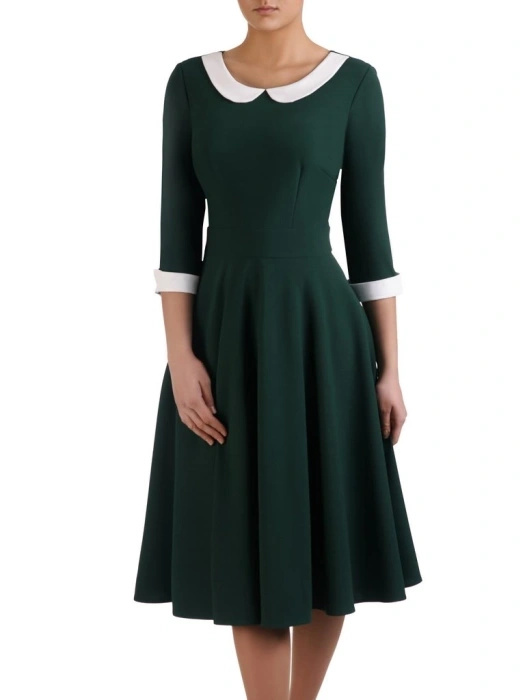 Elegancka zielona sukienka rozkloszowana midi z kołnierzykiem – fason modelujący talię z rękawem 3/4 14729