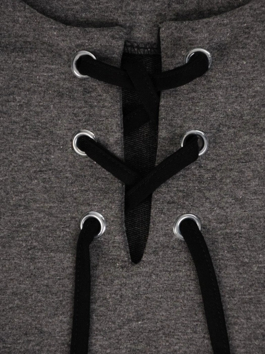 Grafitowa sukienka trapezowa z ozdobnym wiązaniem – swobodny fason z rękawem 3/4 9764