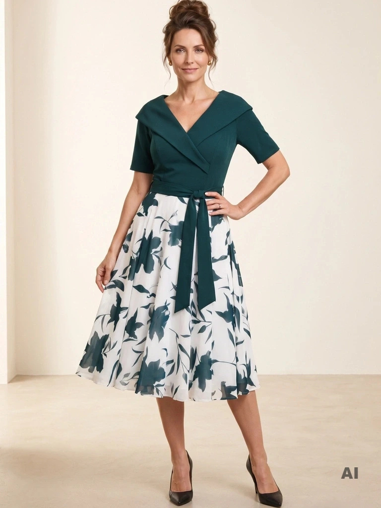 Elegancka zielona sukienka na wesele i andrzejki – rozkloszowany krój z kopertowym dekoltem 42563