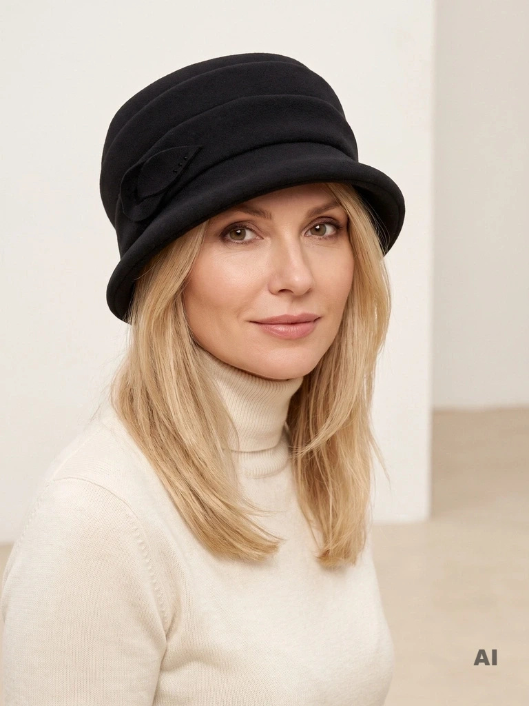 Elegancki kapelusz cloche czarny z ozdobną wstawką – modny model damski z krótkim rondem i regulacją obwodu 40911