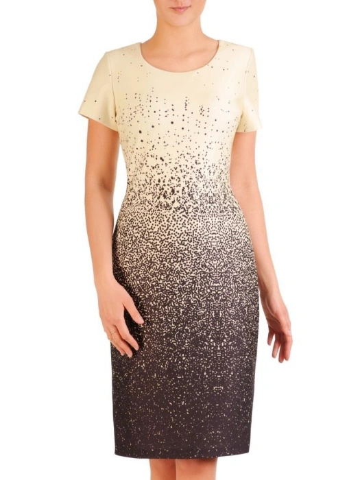 Elegancka pastelowa sukienka midi w grochy prosty krój – modelujące sylwetkę przeszycia na co dzień i do pracy 29813