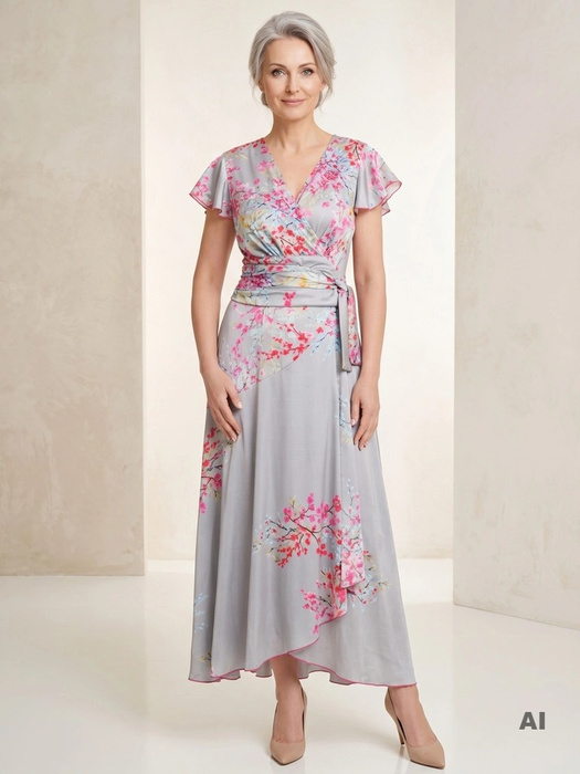 Elegancka sukienka na wesele maxi w kwiaty – rozkloszowany fason z kopertowym dekoltem 35877