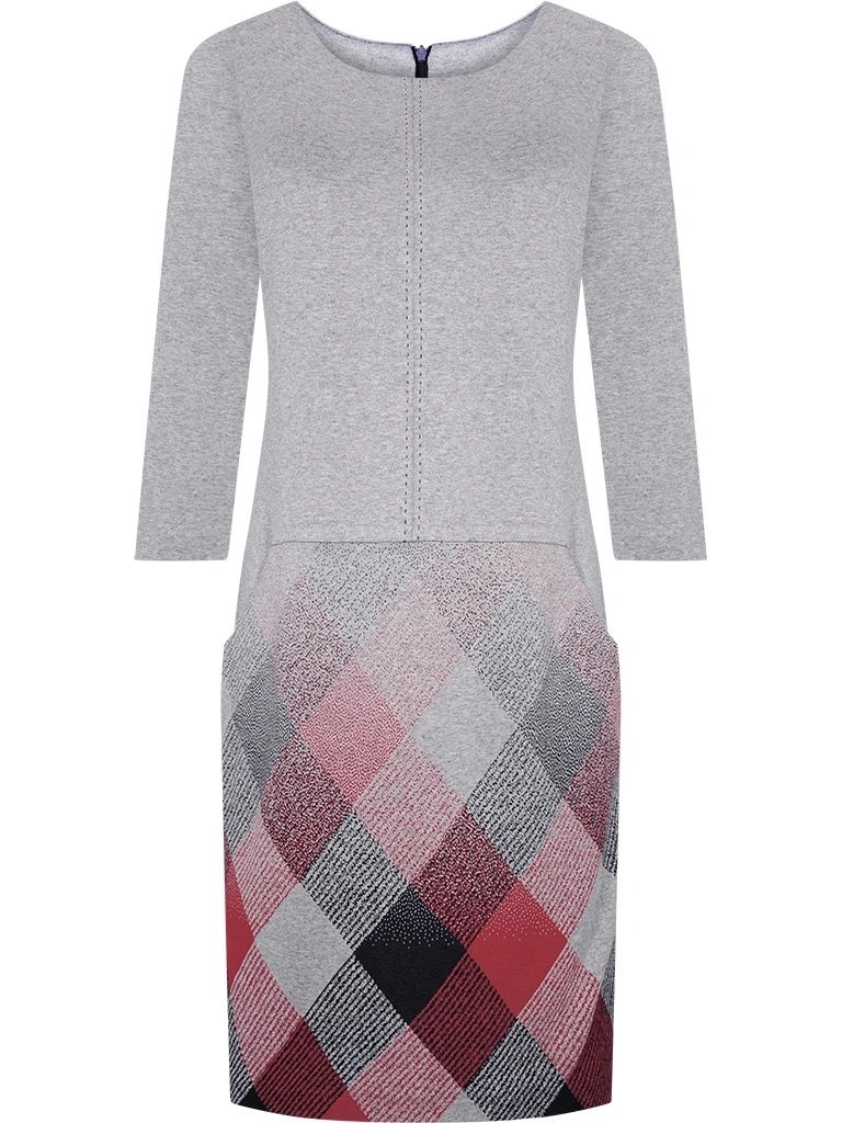 Elegancka sukienka jesienna midi w kratę – prosty fason z przeszyciami wysmuklający sylwetkę 4866