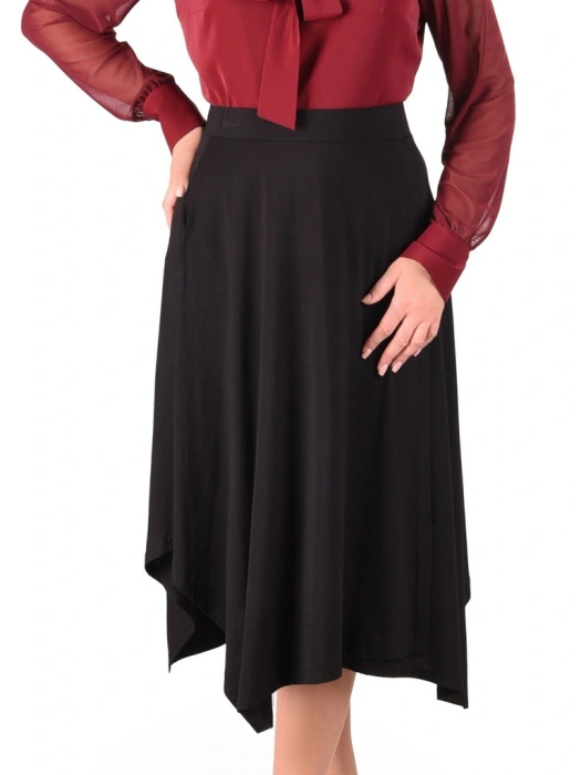 Elegancka czarna spódnica trapezowa midi na gumce – wygodny fason z kieszeniami na chłodne dni 41420