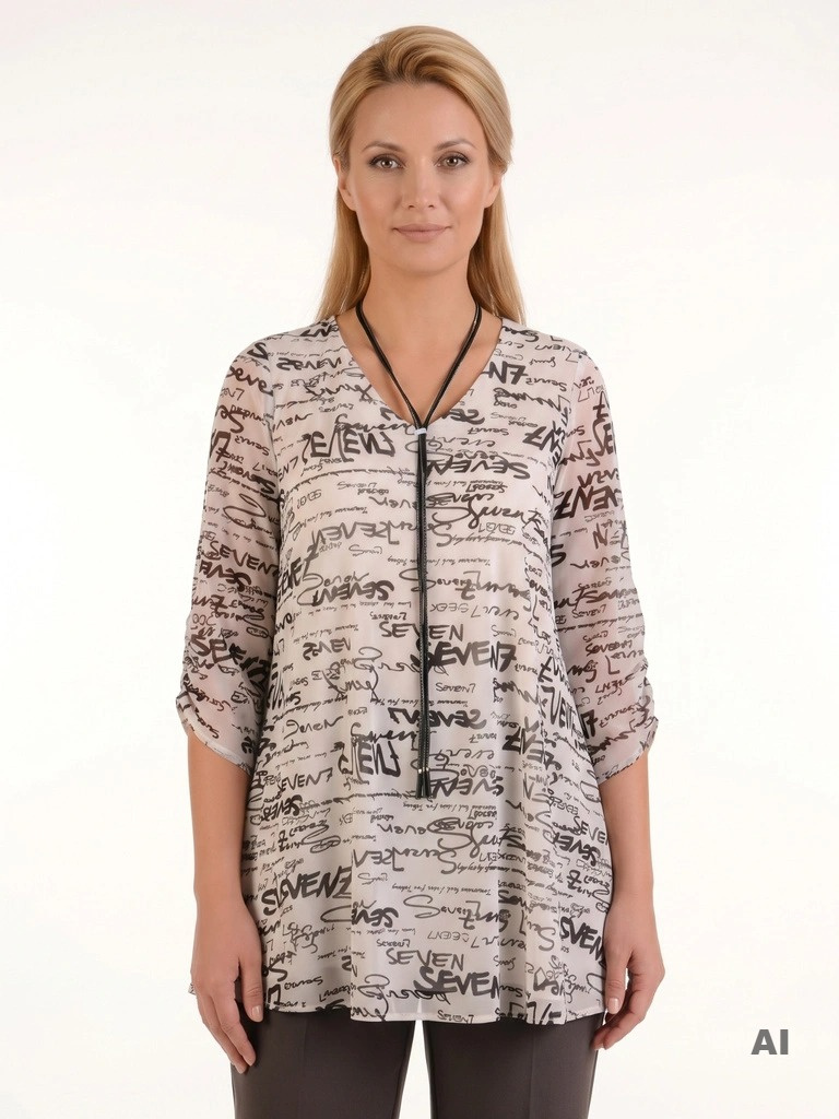 Elegancka tunika damska w czarno-białe napisy – rozkloszowany fason tuszujący biodra 26128